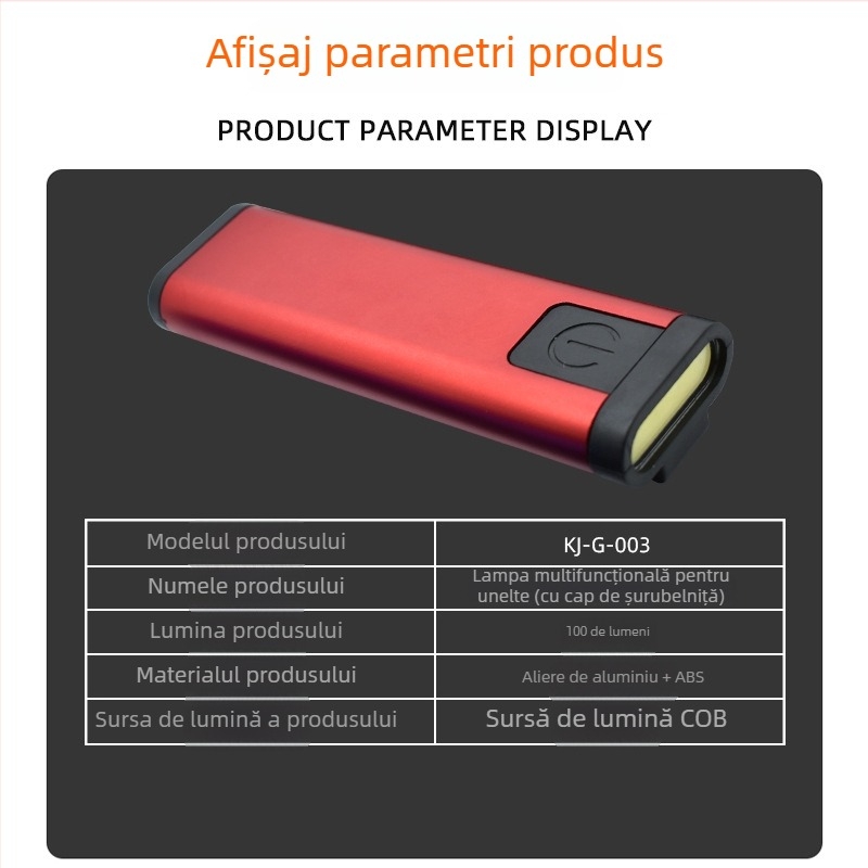 Lumină de lucru COB pentru mașină cu cap de șurubelniță — Portabilă, aluminiu+ABS, iluminare COB, alimentare cu baterie, energie Generată manual, rază 50–100 m