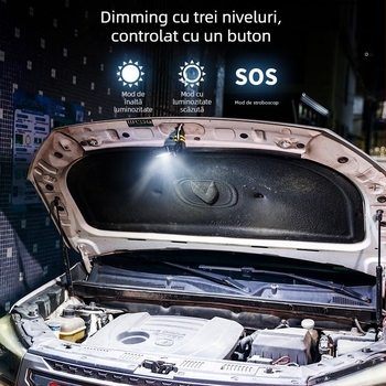 Lumină de lucru pentru service auto cu COB LED, clemă antiderapantă, rotație la 360°, baterie reîncărcabilă 10000 mAh, rază sub 50 m, încărcător inclus