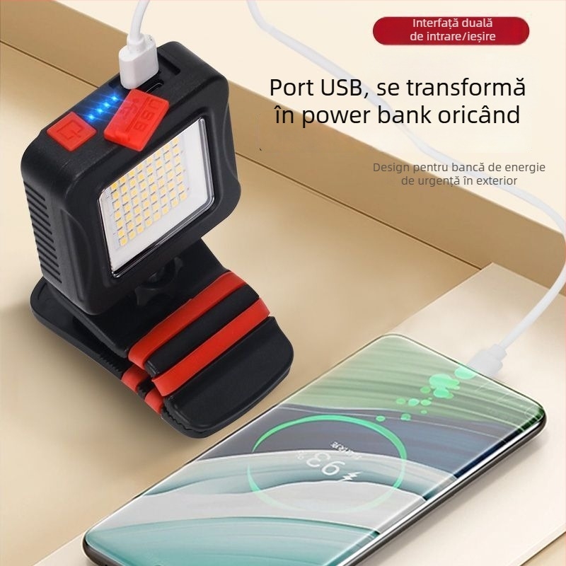 Lumină de lucru pentru service auto cu COB LED, clemă antiderapantă, rotație la 360°, baterie reîncărcabilă 10000 mAh, rază sub 50 m, încărcător inclus