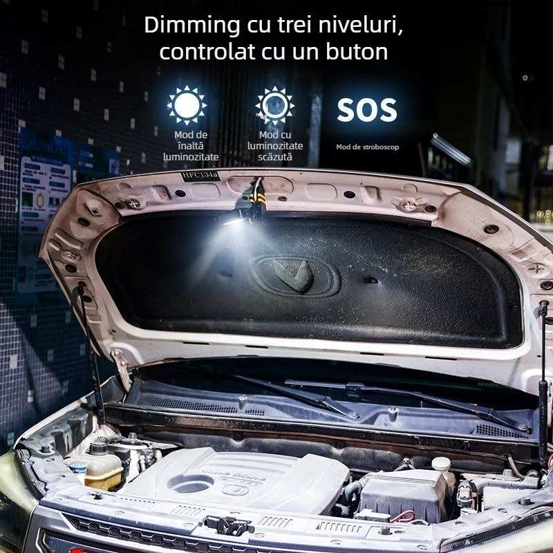 Lumină de lucru pentru service auto cu COB LED, clemă antiderapantă, rotație la 360°, baterie reîncărcabilă 10000 mAh, rază sub 50 m, încărcător inclus