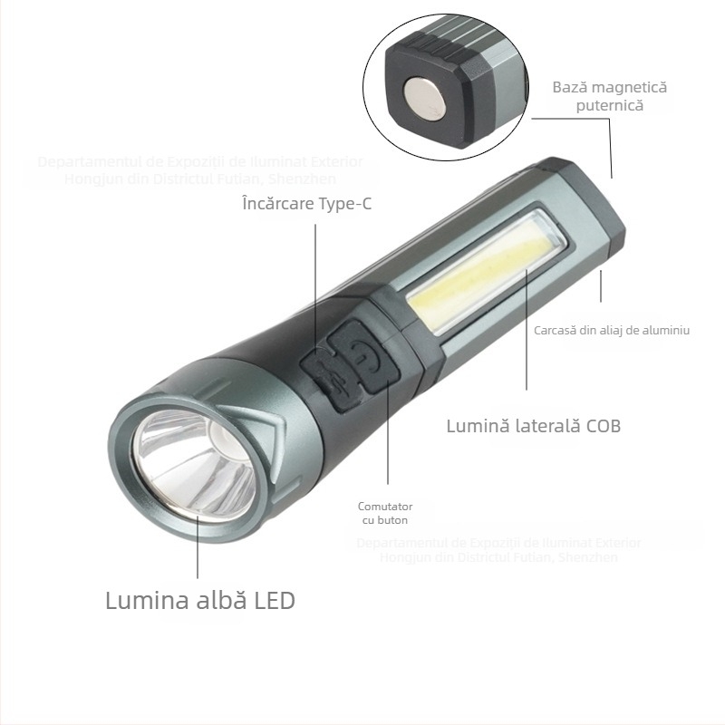 Fener LED cu încărcare USB și magnet pentru întreținere și inspecție, 10W, 1000 lm, rază 100 m, baterie 18650, IPX64, corp din aliaj de aluminiu