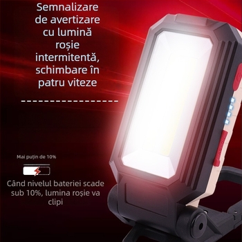 Lampă de lucru COB cu cârlig magnetic, LED 10W, baterie 2400mAh, încărcabilă, pliabilă, rotație 360°