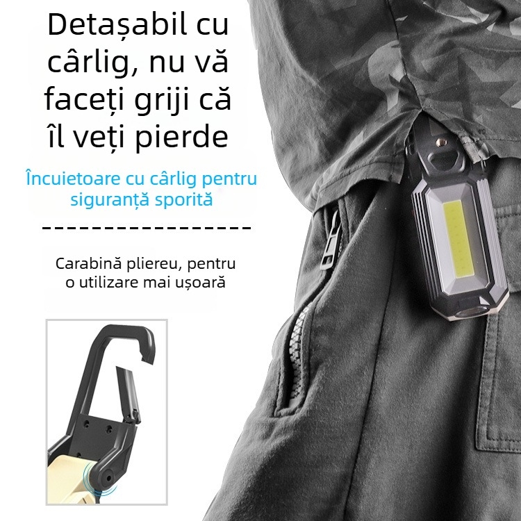 Lampă de lucru COB cu cârlig magnetic, LED 10W, baterie 2400mAh, încărcabilă, pliabilă, rotație 360°