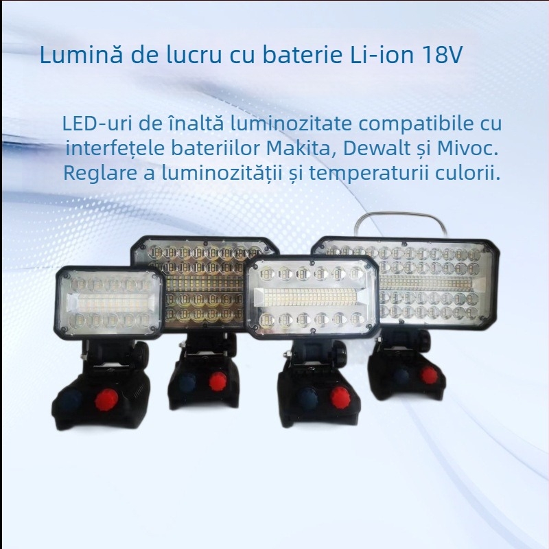 Lampa de lucru LED 18V pentru unelte, reglaj reglabil al temperaturii culorii, 40W, compatibilă cu interfețe Makita și DeWalt, fascicul 120°