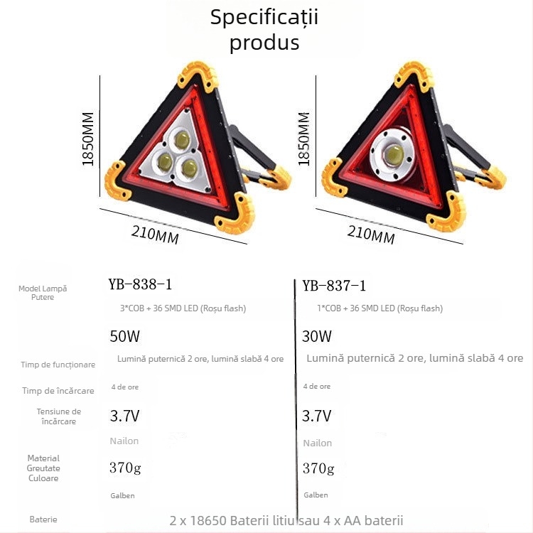 Lampa de lucru W838 cu COB+LED, 50W, 2x18650 2400mAh, Rotire 360°, Distanța fasciculului 100–200 m