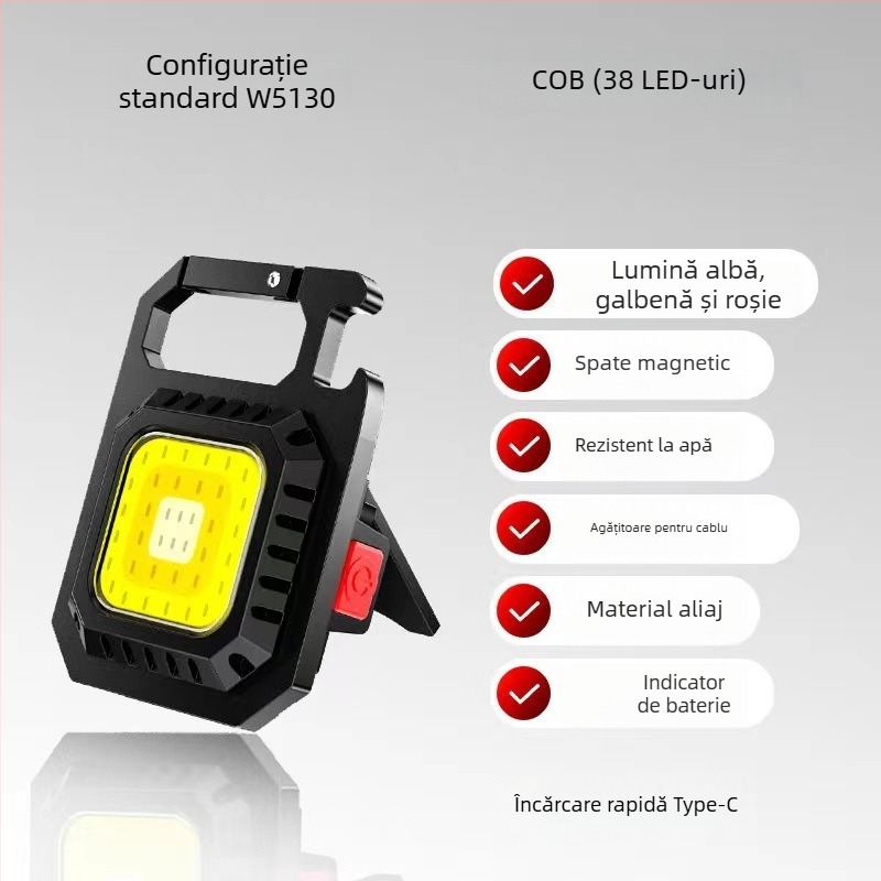 Lanternă cu breloc COB LED, încărcare USB, sursă de lumină COB 10W, lampă de lucru multifuncțională