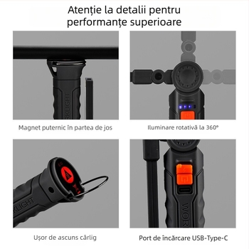Lampă de lucru pliabilă, multifuncțională, cu rotație de 360°, LED SMD, intensitate reglabilă, suport magnetic posterior