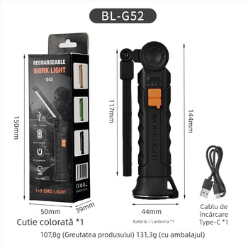 Lampă de lucru pliabilă, multifuncțională, cu rotație de 360°, LED SMD, intensitate reglabilă, suport magnetic posterior