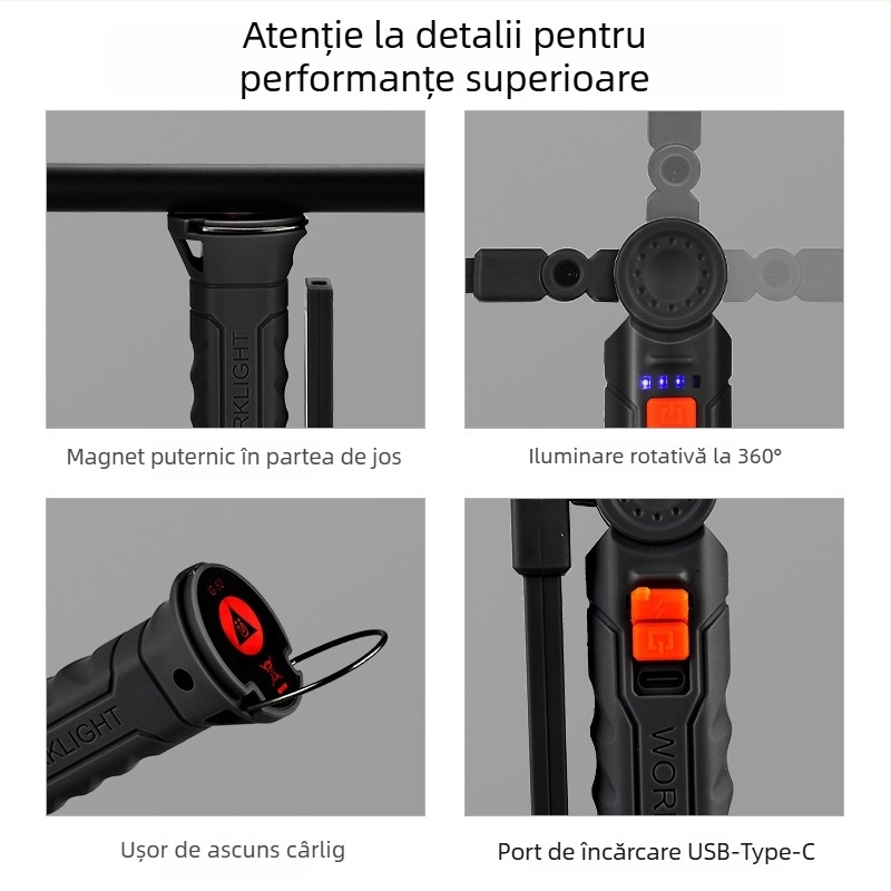 Lampă de lucru pliabilă, multifuncțională, cu rotație de 360°, LED SMD, intensitate reglabilă, suport magnetic posterior