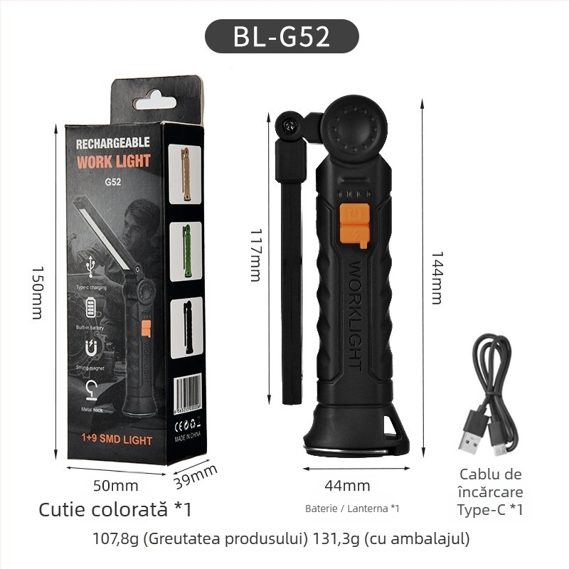 Lampă de lucru pliabilă, multifuncțională, cu rotație de 360°, LED SMD, intensitate reglabilă, suport magnetic posterior