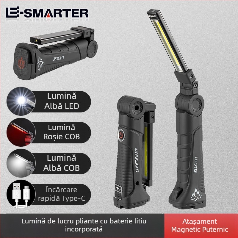 Lampa de lucru portabilă pentru exterior cu surse multiple de lumină, reîncărcabilă, LED+COB, baterie 18650, durată mare, pentru reparații și inspecții