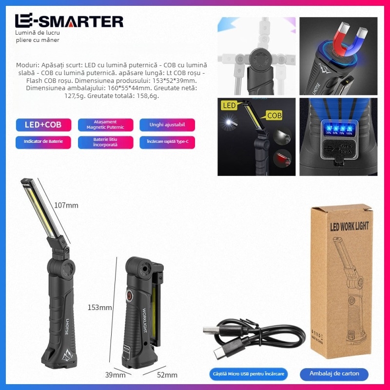 Lampa de lucru portabilă pentru exterior cu surse multiple de lumină, reîncărcabilă, LED+COB, baterie 18650, durată mare, pentru reparații și inspecții