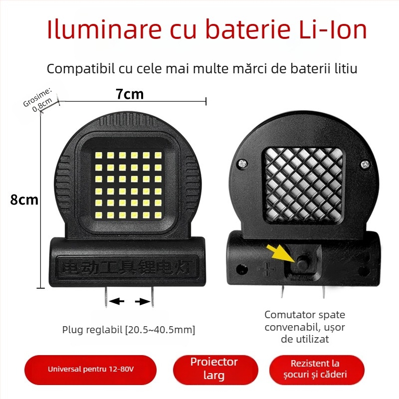 Lampă de lucru portabilă cu baterie litiu LED pentru camping în aer liber și reparații, compatibilă universal cu unelte, 21W LED, 85V, 300mA, 30.000 h, 300 lm