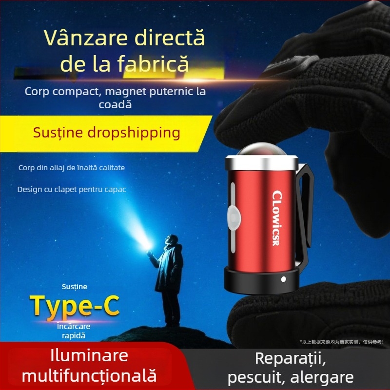 Fener COB mini magnetic cu încărcare manuală, 10W, capacitate baterie 600, protecție la supraîncărcare