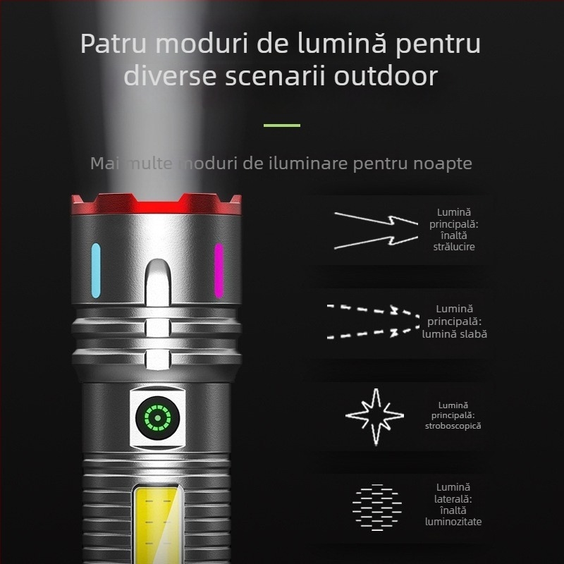 Lanternă portabilă cu fascicul laser alb, 20W, 3600mAh, rază 200–500 m, autonomie 4–6 h