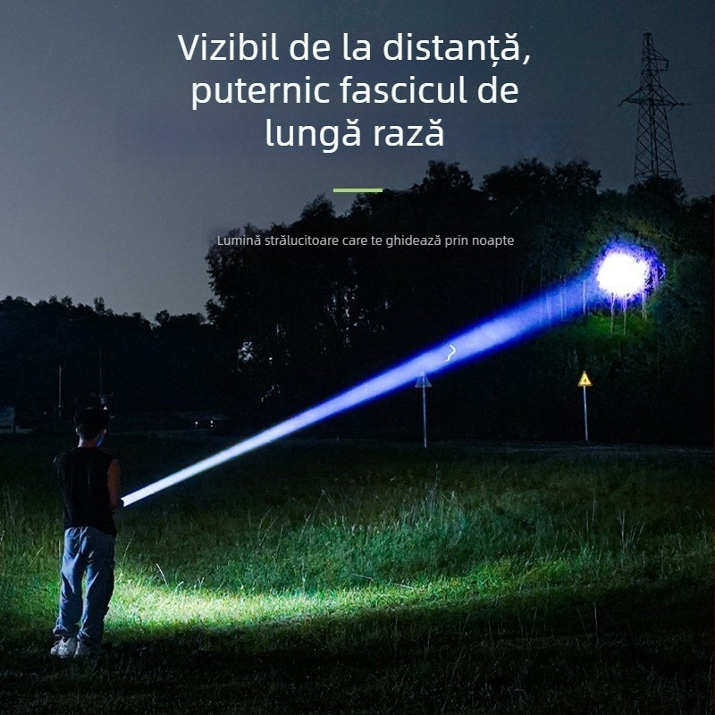 Lanternă portabilă cu fascicul laser alb, 20W, 3600mAh, rază 200–500 m, autonomie 4–6 h