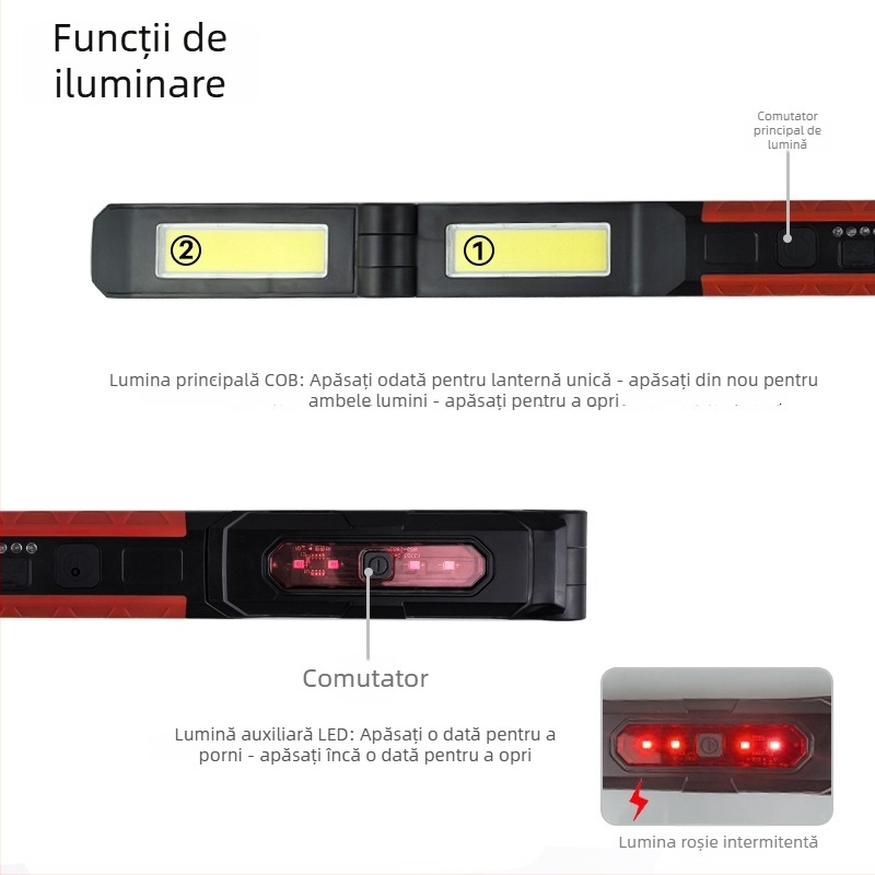 Lampă de lucru magnetică portabilă cu cârlig – LED 12W, baterie 2×2200mAh, rază până la 50 m, protecție la supraîncărcare