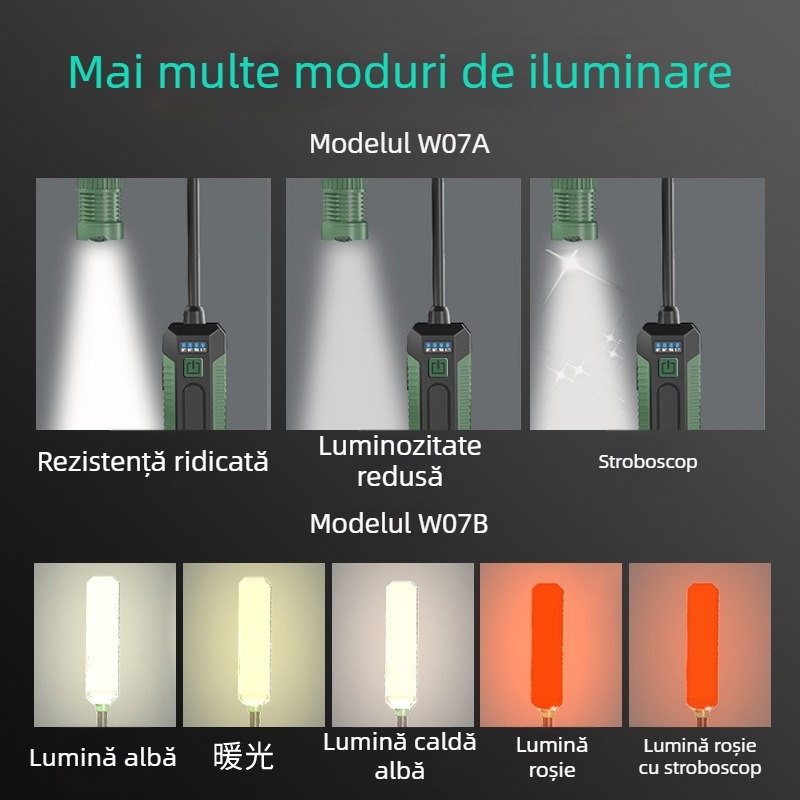 Lumină de lucru de urgență, pliabilă, 360° pentru exterior – COB/White Laser LED, 10W, 2000mAh, reîncărcabilă prin USB, 350+ lumeni, rotire 360°