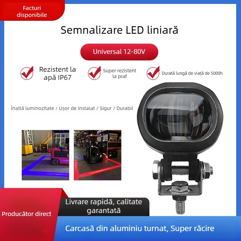 Sistem de evitare a coliziunilor pentru stivuitor, avertizare de frontieră, indicator pentru zonă sigură și laser de marșar cu lumină lată; 3W Osram LED, 10–80V, 0.4A, durată de viață 5000h