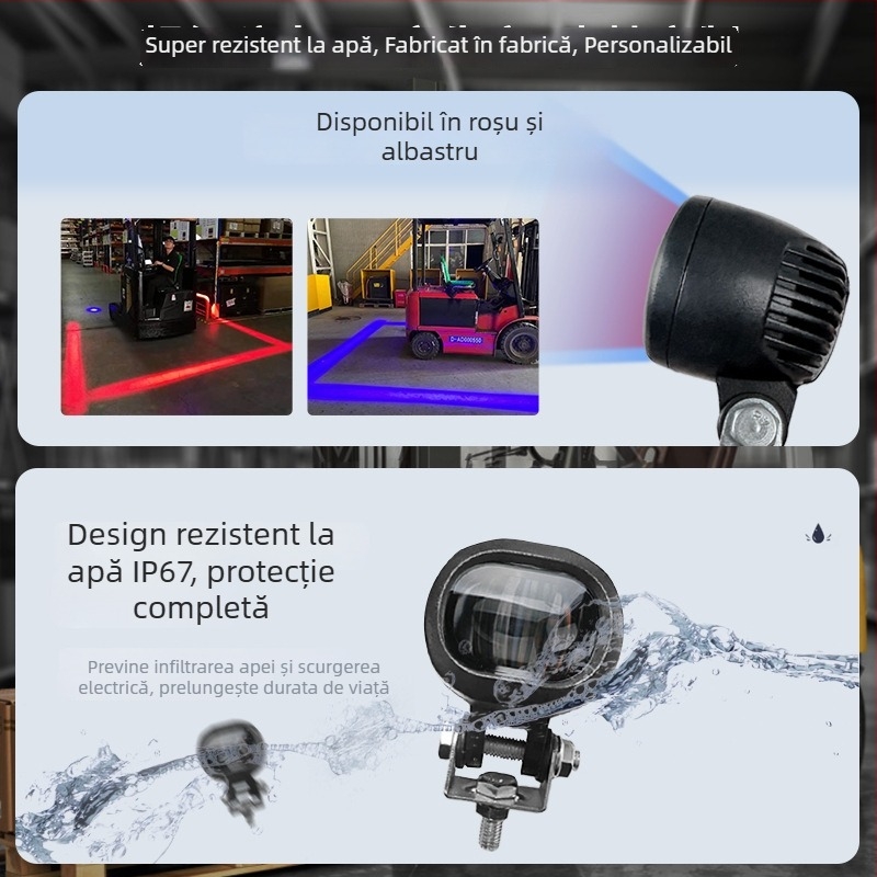 Sistem de evitare a coliziunilor pentru stivuitor, avertizare de frontieră, indicator pentru zonă sigură și laser de marșar cu lumină lată; 3W Osram LED, 10–80V, 0.4A, durată de viață 5000h