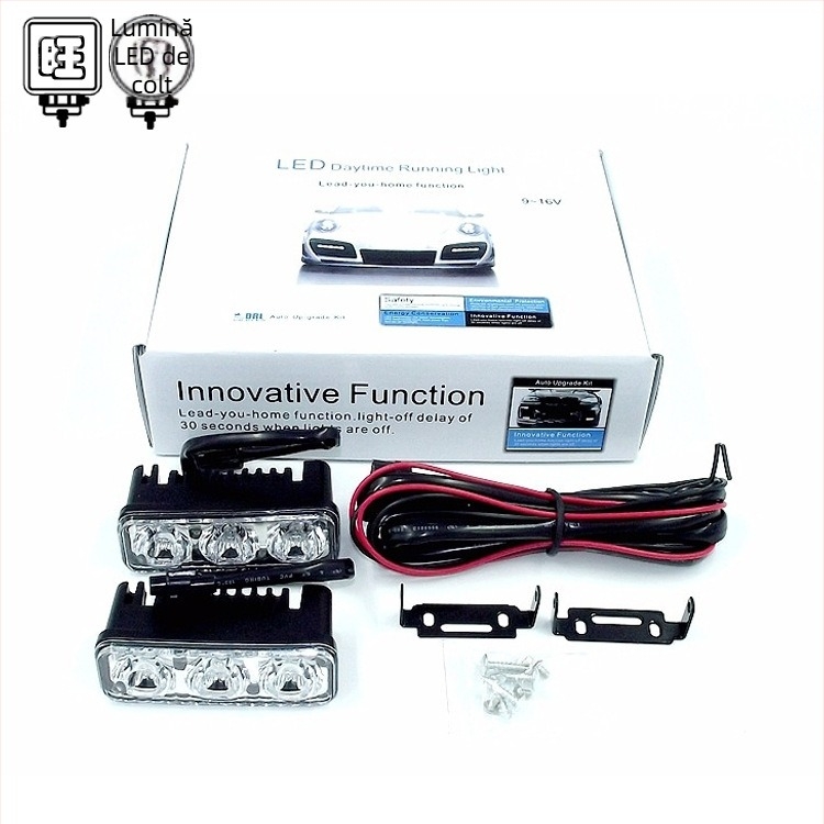 Lumină de zi universală pentru mașină, aliaj de aluminiu, LED 2525, 6W, 12V, 800lm, cu lentilă, 1–2 lumini (fiecare cu 3 LED)