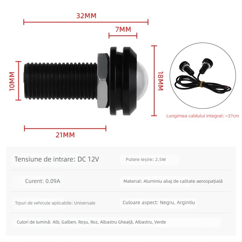 Lumină LED pentru mașină cu lentilă Eagle Eye, 12V, 2.5W, 250 lm, Carcasă din aluminiu