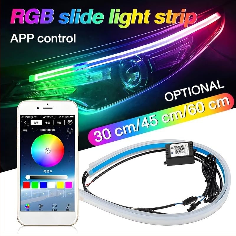 Lumină LED de zi pentru mașină – bandă flexibilă din silicon cu control prin aplicație și semnal de viraj, 12V, IP65, 1500 lm