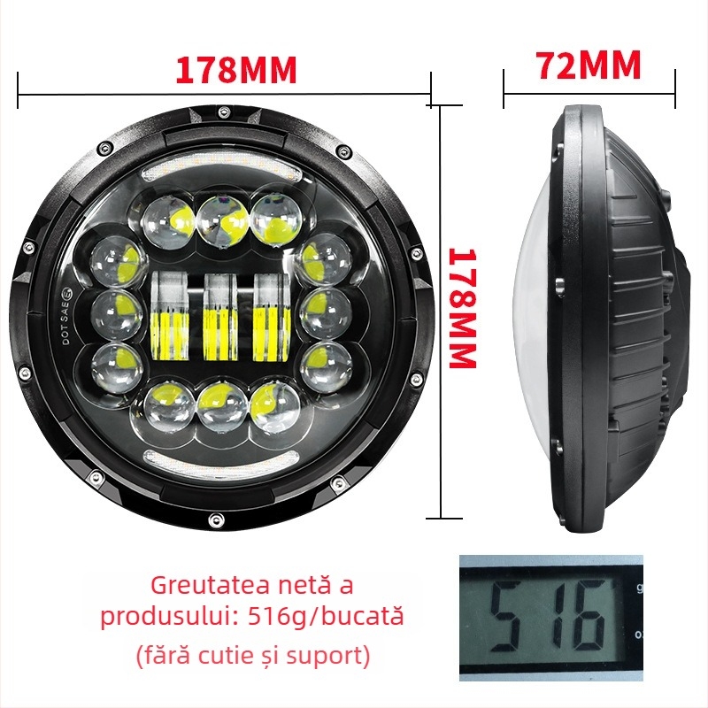 Far LED off-road pentru motocicletă, lentilă H4, 15 LED, 9-36V, corp din aluminiu, 6000LM