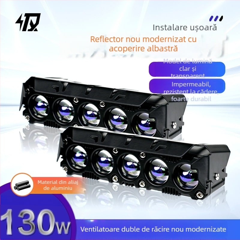 Far extern pentru motocicletă cu 5 LED-uri, alb și galben, dual-color, iluminare puternică, upgrade grilă față