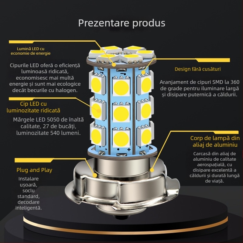 Far LED pentru motocicletă P26S, 5050, 27 LED, 6V–12V, înlocuire pentru farul frontal al vehiculelor electrice