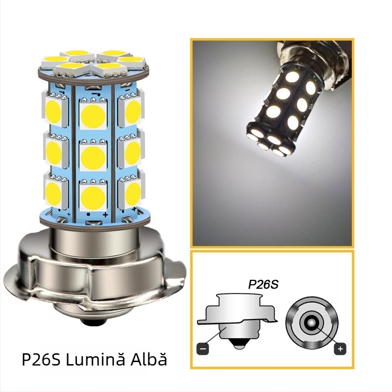 Far LED pentru motocicletă P26S, 5050, 27 LED, 6V–12V, înlocuire pentru farul frontal al vehiculelor electrice