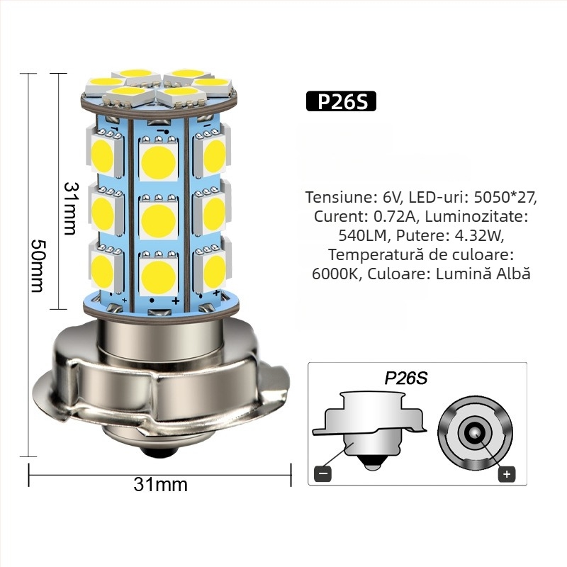 Far LED pentru motocicletă P26S, 5050, 27 LED, 6V–12V, înlocuire pentru farul frontal al vehiculelor electrice