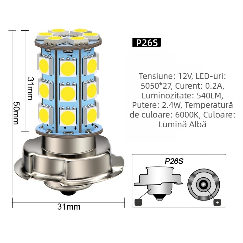 Far LED pentru motocicletă P26S, 5050, 27 LED, 6V–12V, înlocuire pentru farul frontal al vehiculelor electrice