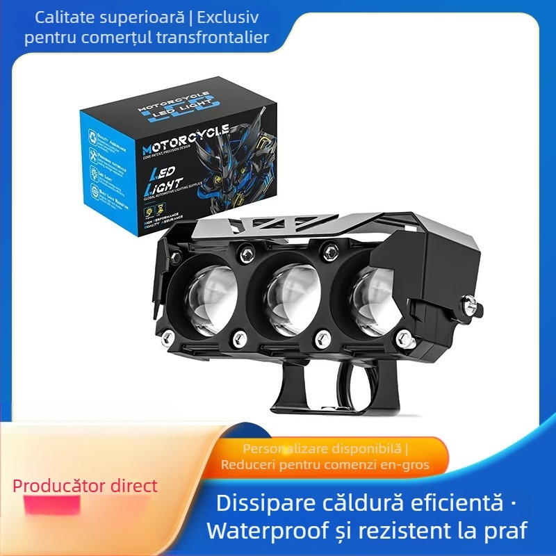 Proiector LED pentru motocicletă, două culori, trei lentile, fascicul înalt/joasă, far impermeabil cu lentile, corp din aluminiu, IP67, LED 18W