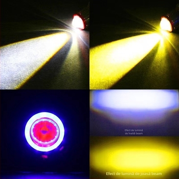 Far motocicletă LED cu lentilă bi-color, halou Demon Eye și prindere cu două sau trei gheare — 10W, 12–80V, 0.8A, 800 lm, 50.000 h