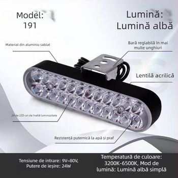 Lampă frontală pentru motocicletă cu 24 LED, bandă LED externă, corp din aluminiu, 12-80V universal