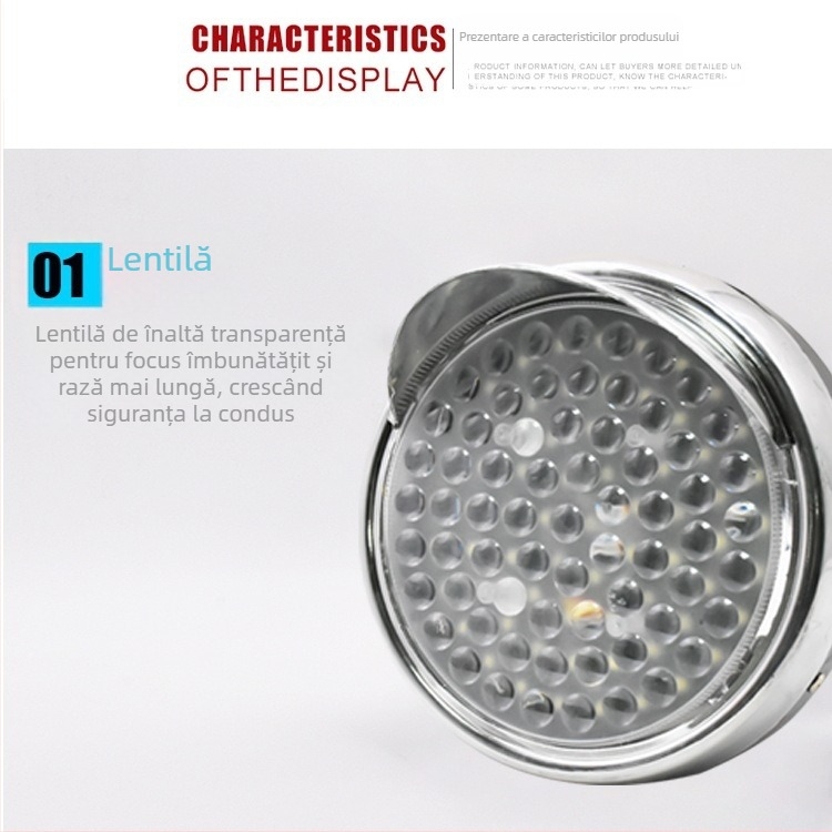 Far LED frontal circular pentru tricicluri și motociclete, universal 12-80V, 60W, 2500 lm, 66 LED