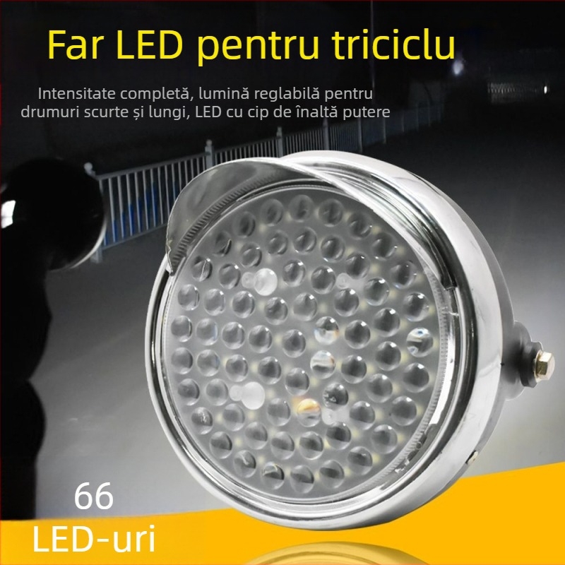 Far LED frontal circular pentru tricicluri și motociclete, universal 12-80V, 60W, 2500 lm, 66 LED