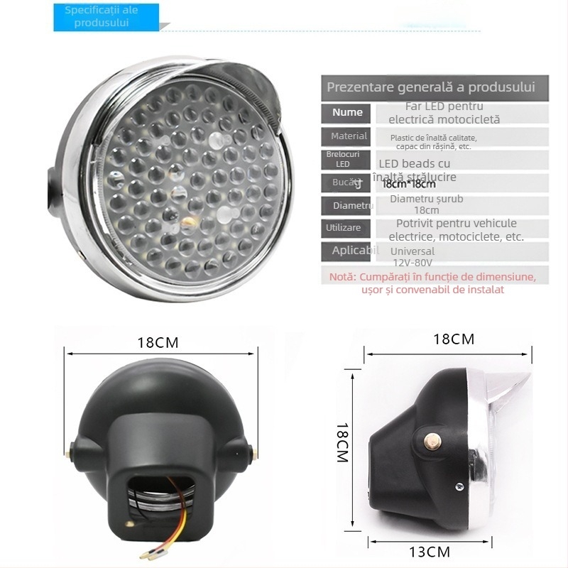 Far LED frontal circular pentru tricicluri și motociclete, universal 12-80V, 60W, 2500 lm, 66 LED