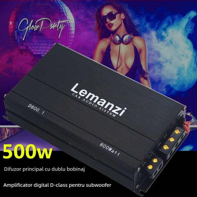 Amplificator auto pentru subwoofer pasiv, Class D, canal unic, digital, cu bobine duale, 500W