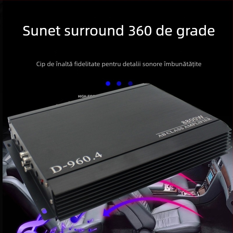 Amplificator auto audio, 4 canale, 8800W, 12V, din aliaj de aluminiu