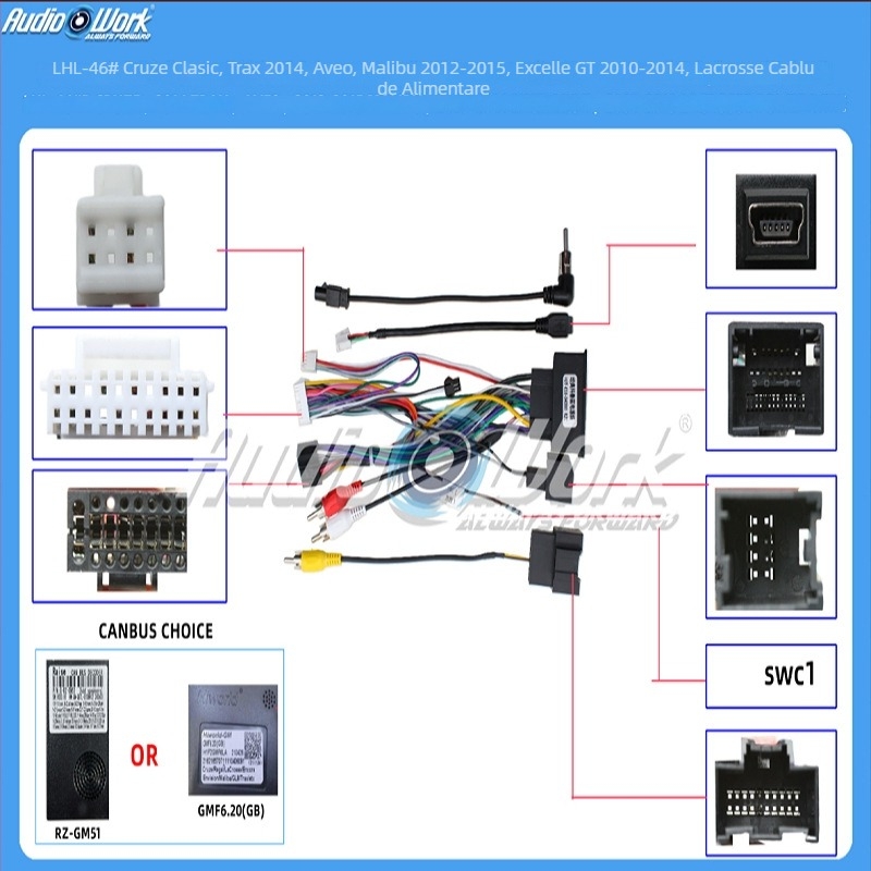 Cablu de alimentare pentru unitatea Android de navigație și upgrade audio în mașină – 12V, Material: plastic și metal, compatibil cu Chevrolet Cruze, Trax, Aveo, Malibu, Excelle, Regal