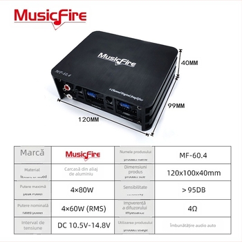 Amplificator DSP auto MF-60.4 pentru dispozitive Android cu ecran mare | 4×60W RMS, DC 10.5–14.8V, carcasă din aliaj de aluminiu