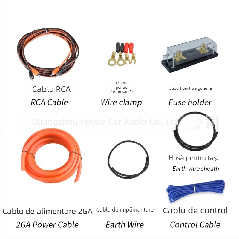 Set de cabluri pentru amplificator auto de audio, cu cabluri 2GA pentru alimentare și difuzoare, cabluri RCA pentru sunet, model Tb-kt-2ga