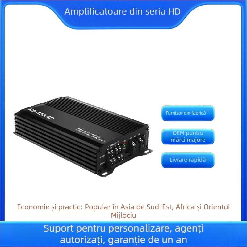 Amplificator audio pentru mașină HD-150.4D - 4x150W, 12V, Class D, Patru canale, aliaj de aluminiu
