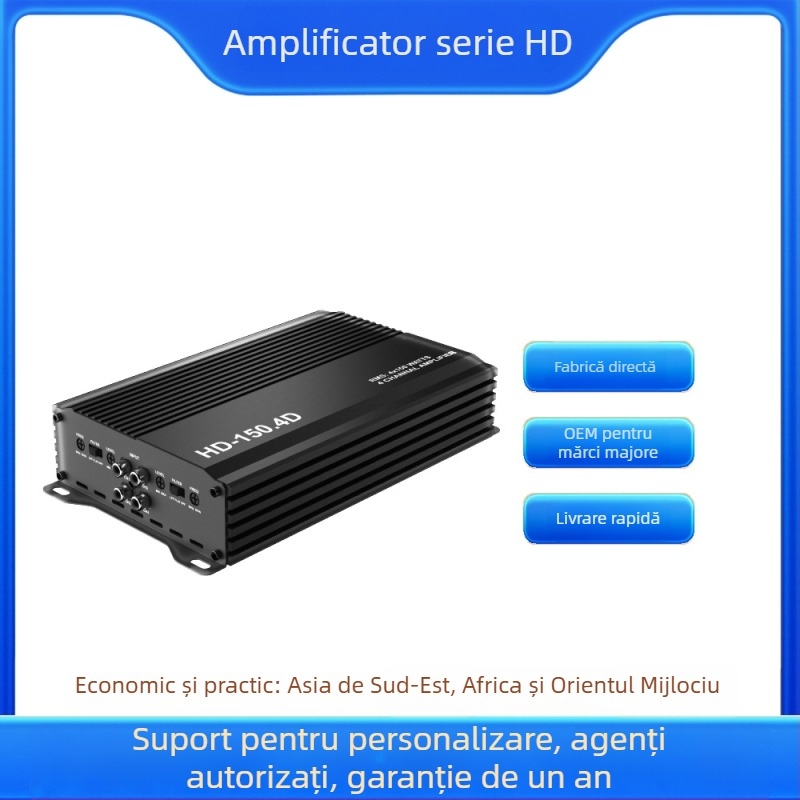Amplificator audio pentru mașină HD-150.4D - 4x150W, 12V, Class D, Patru canale, aliaj de aluminiu