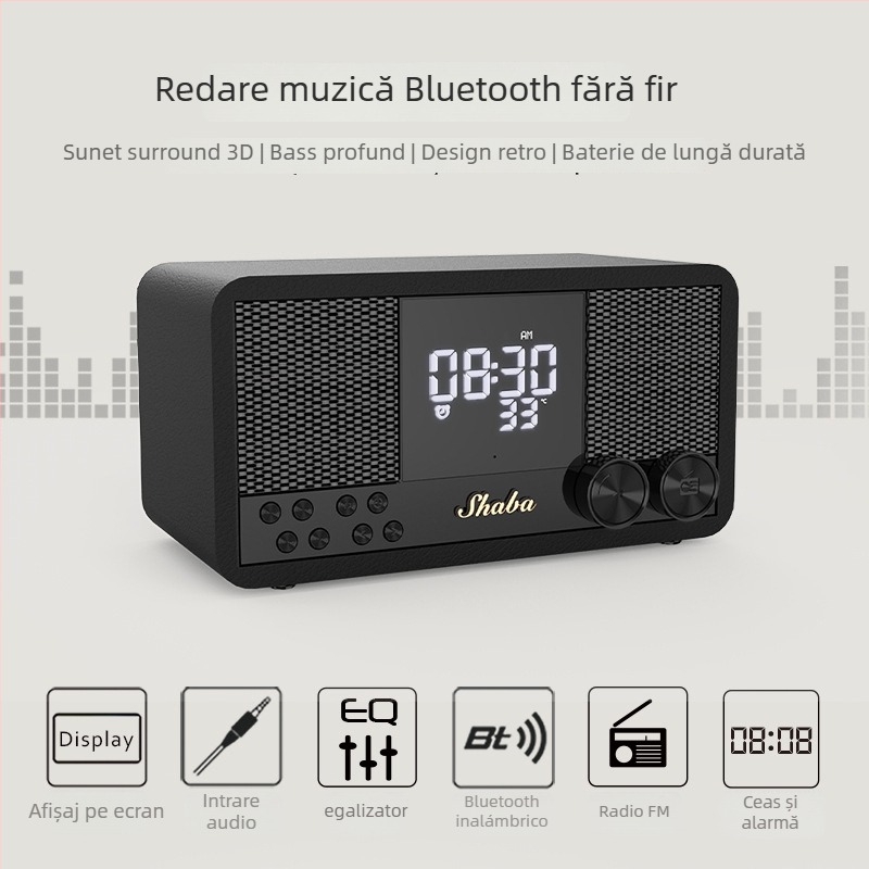 Boxă Bluetooth din lemn, retro, cu radio FM, ceas și alarmă