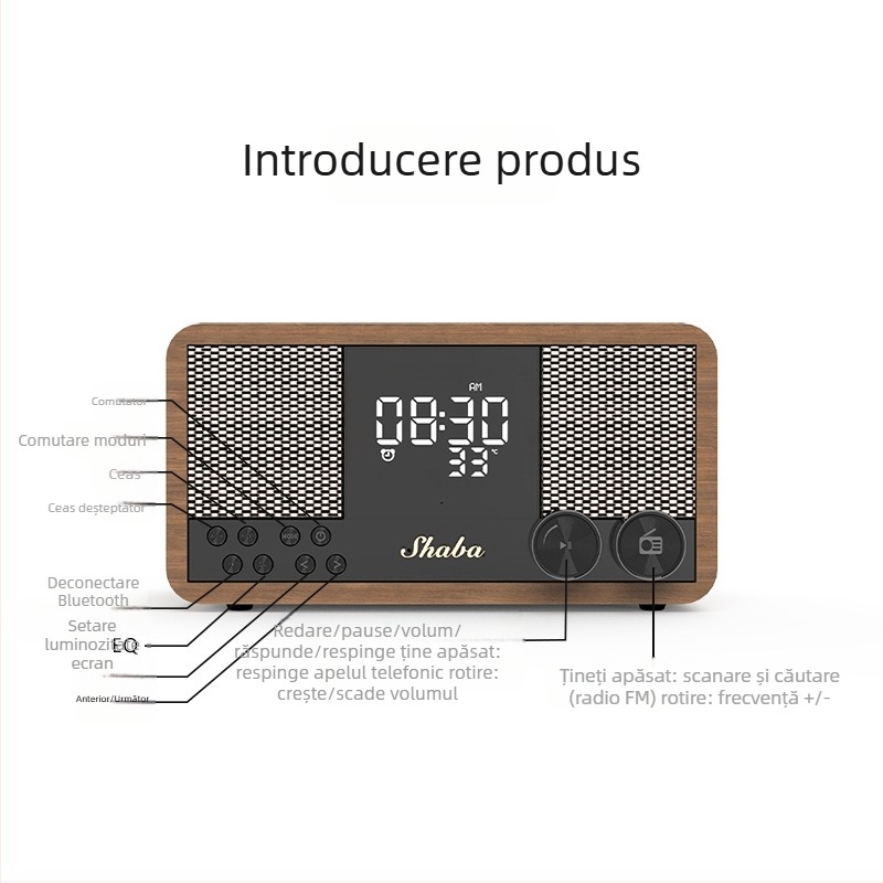 Boxă Bluetooth din lemn, retro, cu radio FM, ceas și alarmă