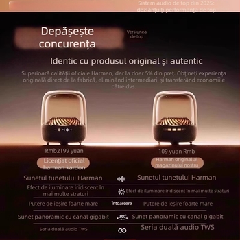 Difuzor Bluetooth, baterie încorporată 1000–1200 mAh; versiune Bluetooth 5.0; putere nominală 3W; răspuns în frecvență 60 Hz–15 kHz; SNR ≥70 dB