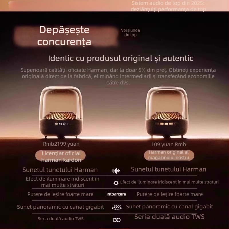 Difuzor Bluetooth, baterie încorporată 1000–1200 mAh; versiune Bluetooth 5.0; putere nominală 3W; răspuns în frecvență 60 Hz–15 kHz; SNR ≥70 dB